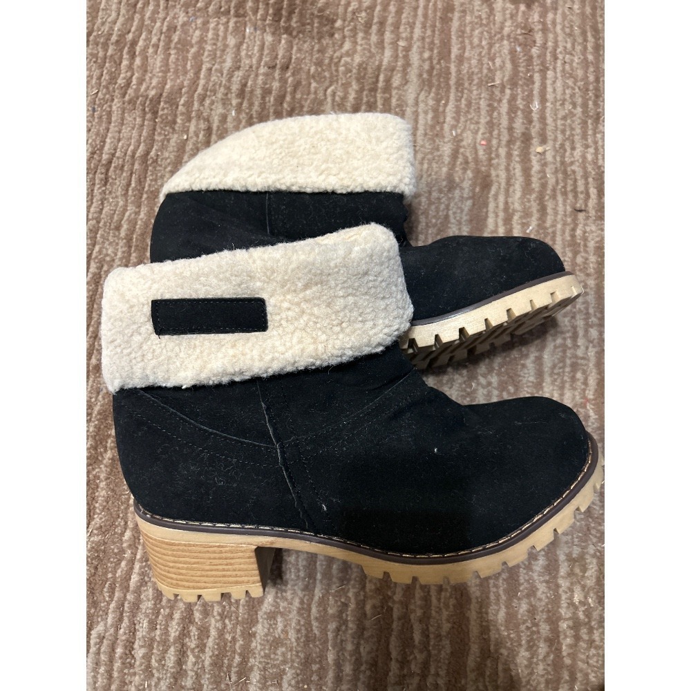 Ankle Boots Black Suede Faux Fur Lined Lug Sole Heel Comfort‎ 41EU/10.5US
